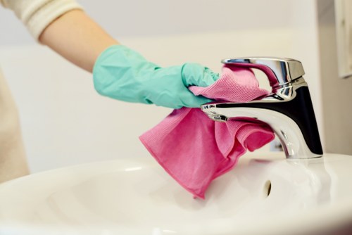 Carpet cleaning team preparing safety equipment before work