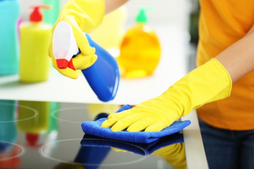 Close-up of carpet cleaning treatment being applied to a floor area